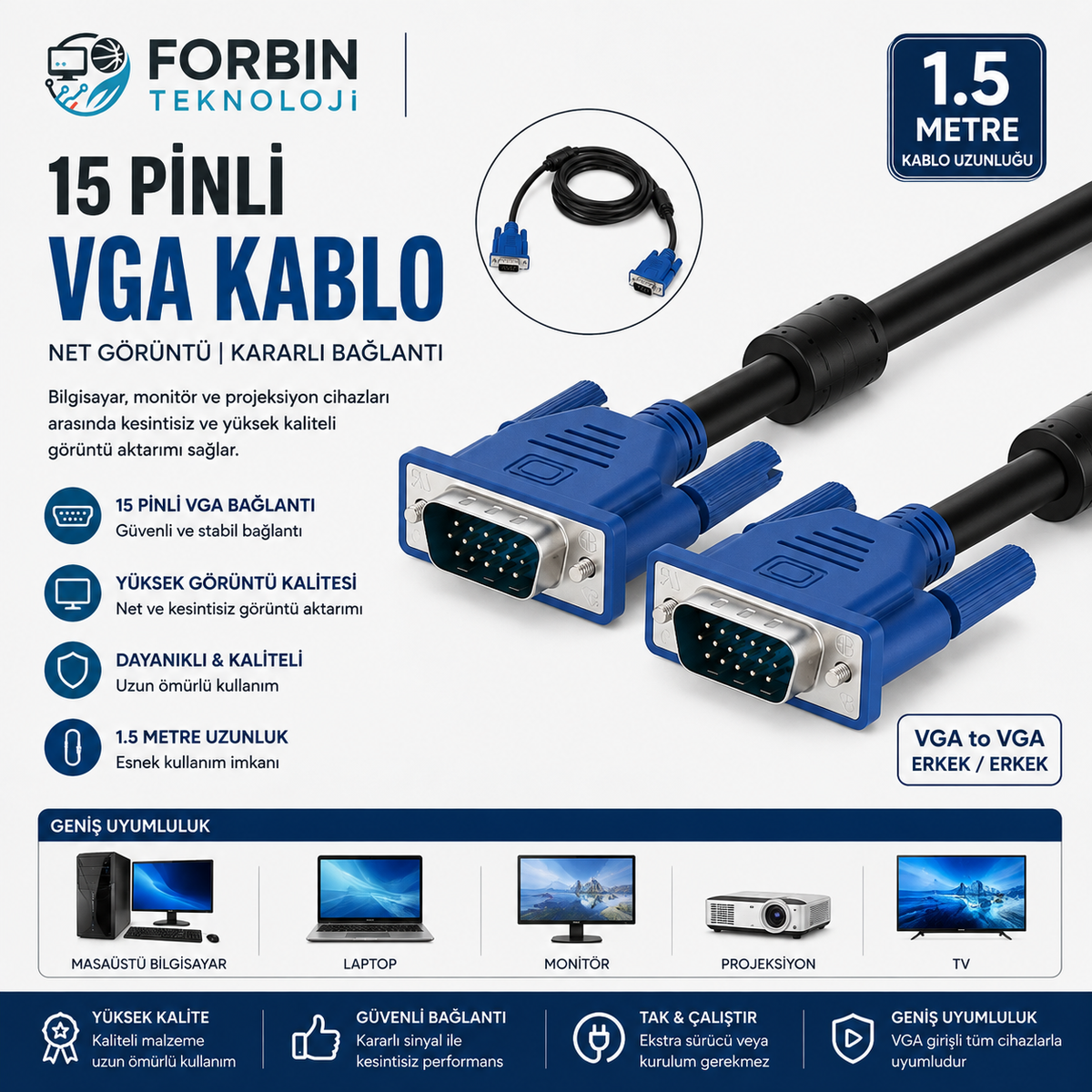1.5 Metre Vga Kablosu Çift Filtreli Ekran Lcd Monitör Projeksiyon Bağlantı Kablosu