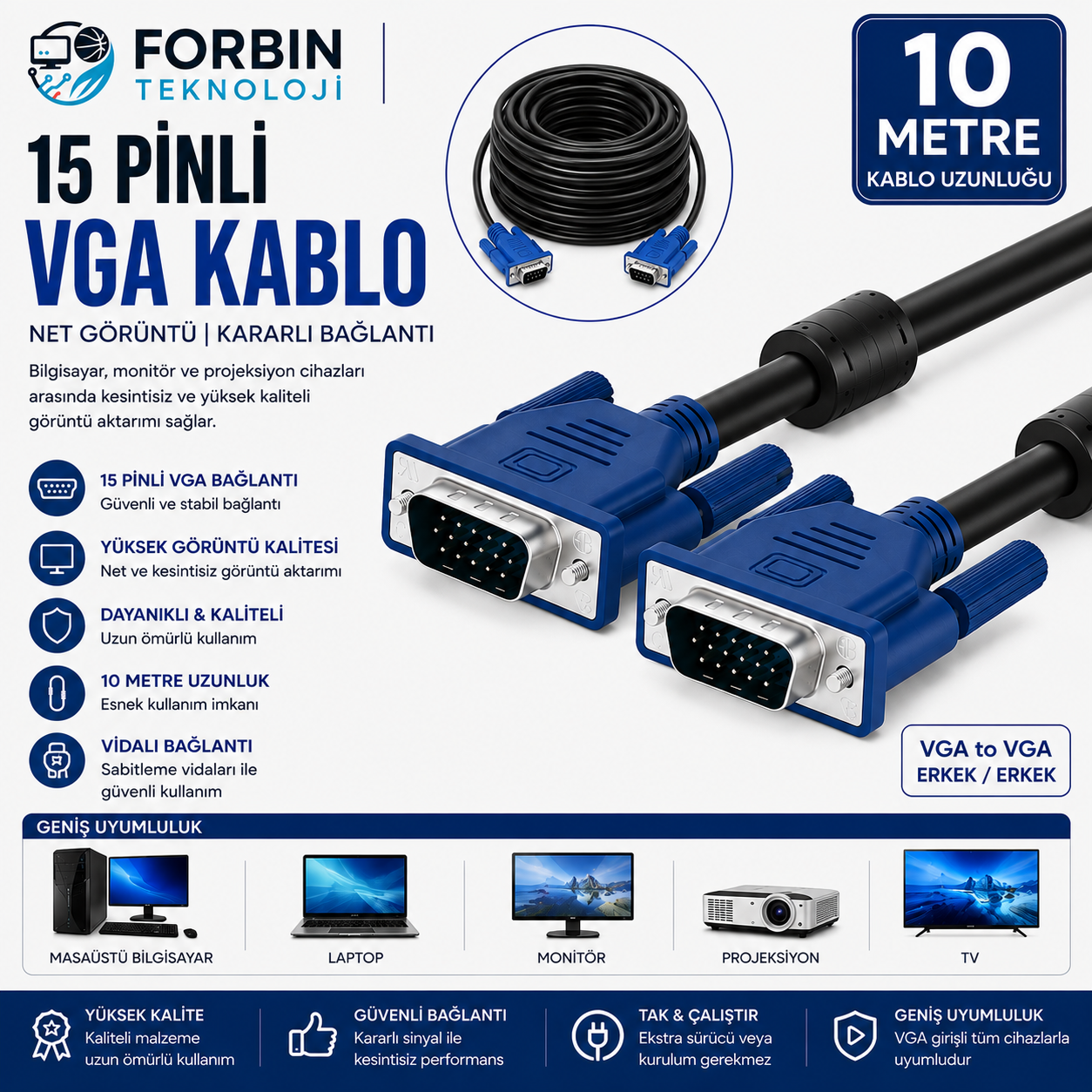 10 Metre Vga Kablosu Çift Filtreli Ekran Lcd Monitör Projeksiyon Bağlantı Kablosu