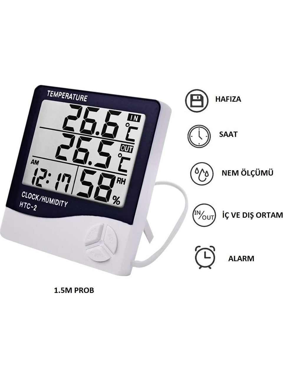 Htc-2 Masa Termometre Dijital Nem Ölçer Sıcaklık Isı Alarm