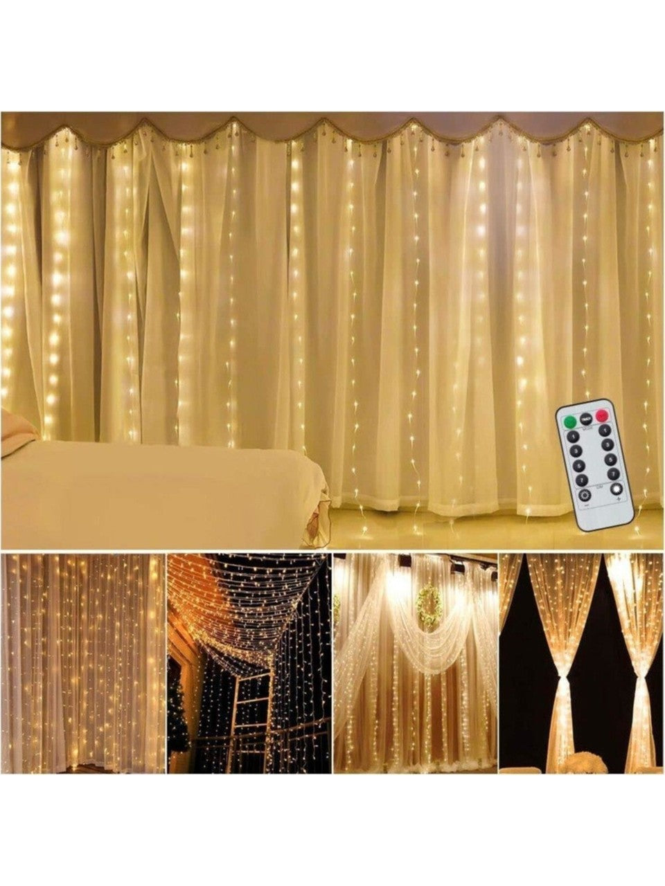 Peri Telli Perde LED Işık Kumandalı 300 Ledli 3 x 3 Metre Usb'li 8 Animasyonlu Günışığı