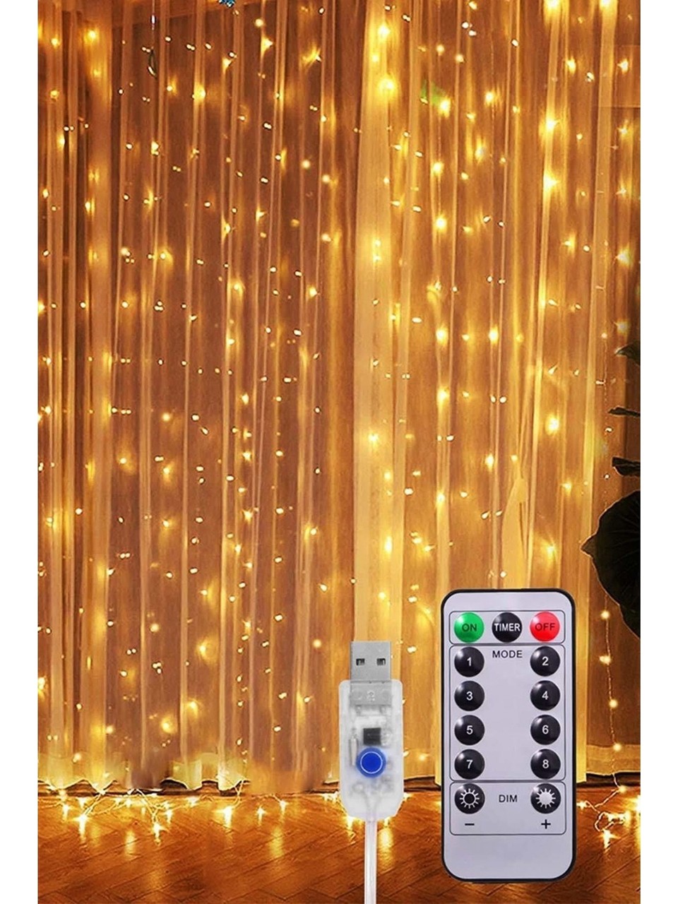 Peri Telli Perde LED Işık Kumandalı 300 Ledli 3 x 3 Metre Usb'li 8 Animasyonlu Günışığı
