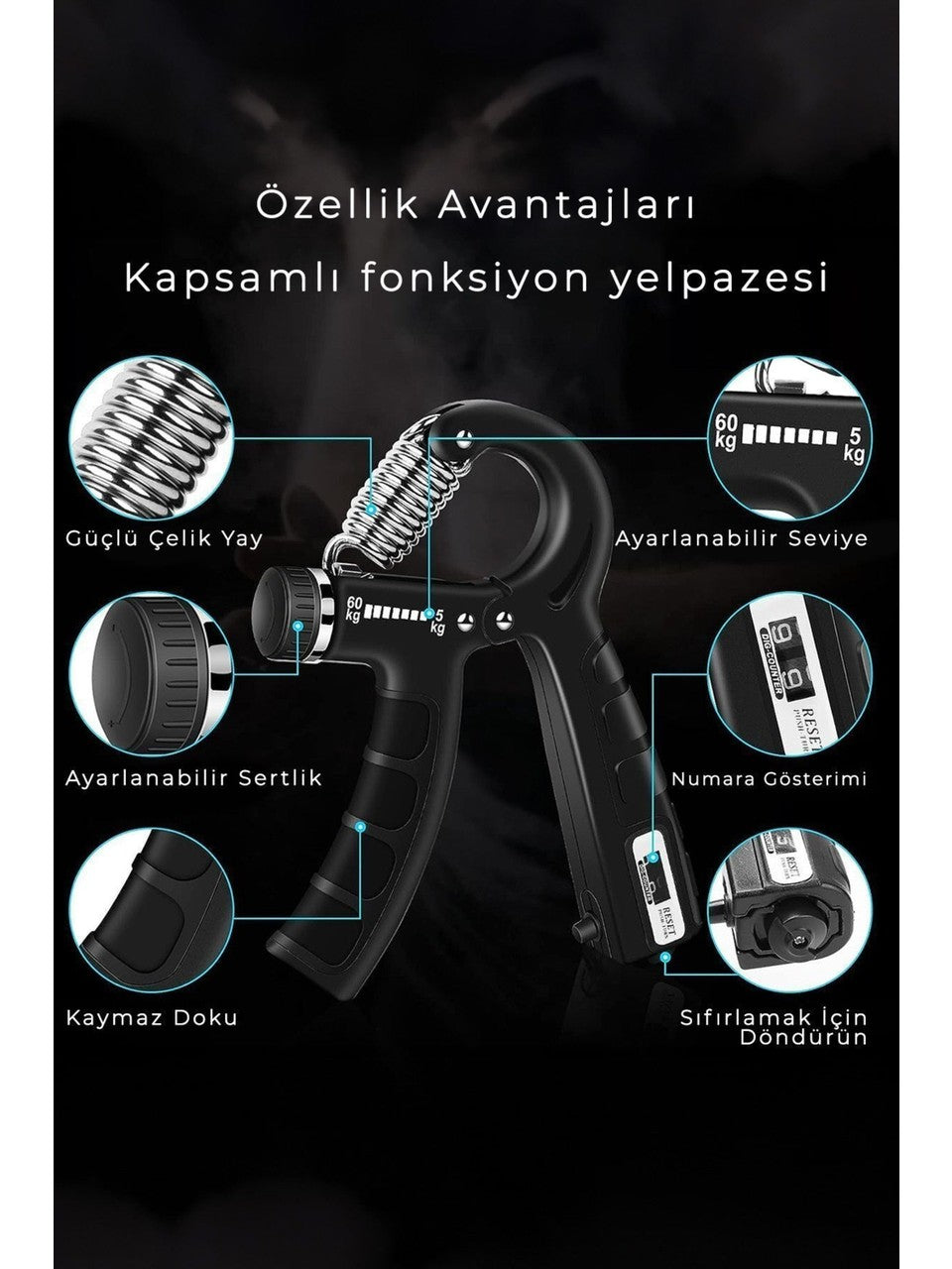 Siyah Konforlu 5-60 kg Ayarlanabilir Sayaçlı Gym Fitness Egzersiz Yay El ve Bilek Güçlendirici