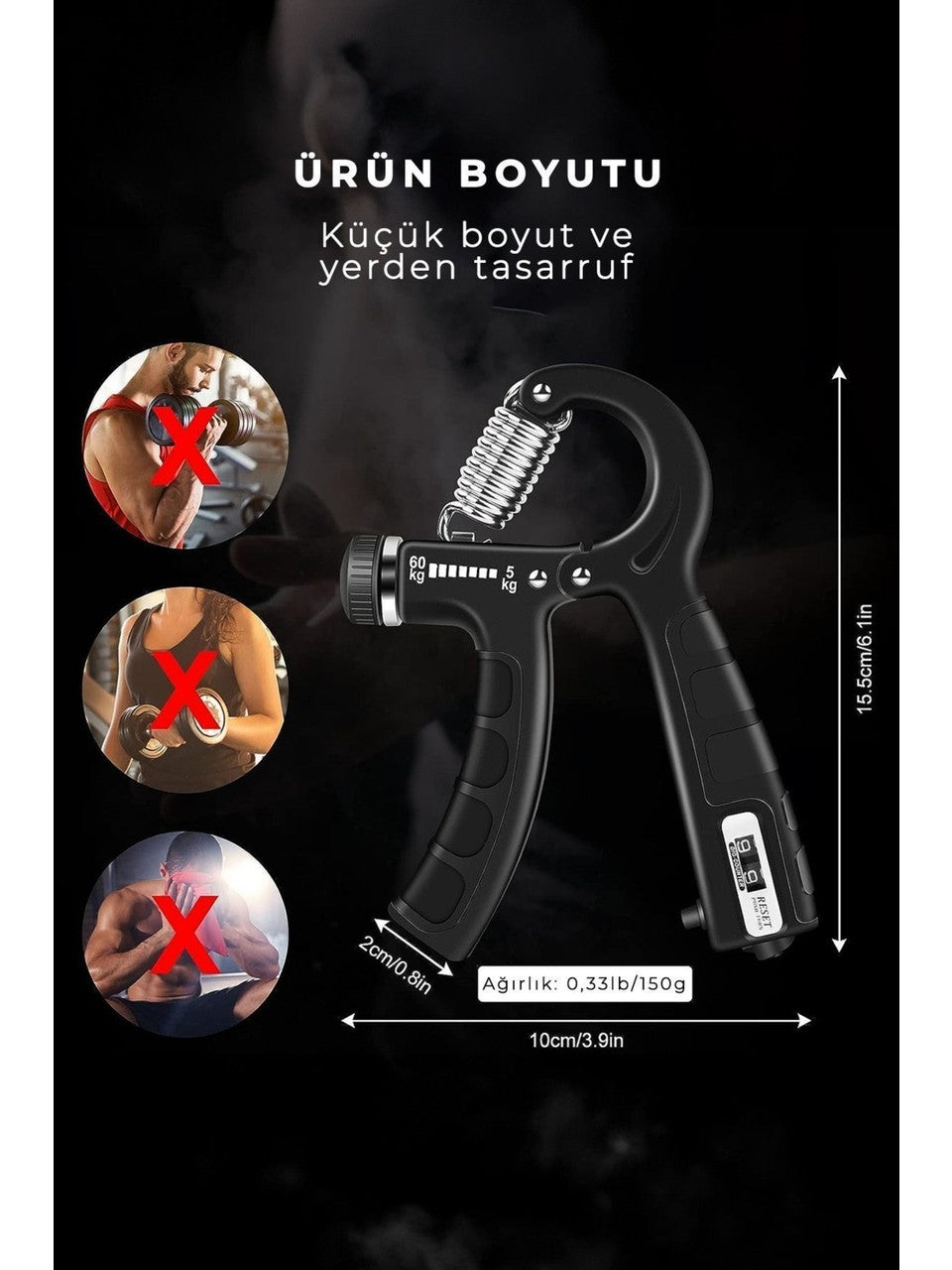 Siyah Konforlu 5-60 kg Ayarlanabilir Sayaçlı Gym Fitness Egzersiz Yay El ve Bilek Güçlendirici