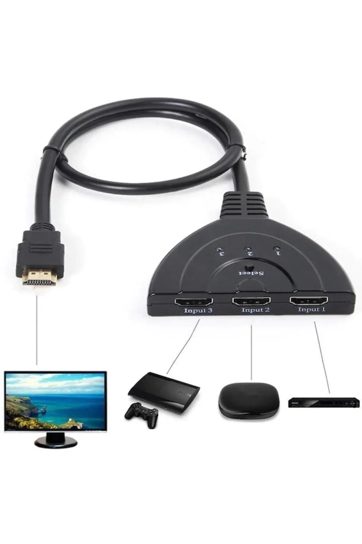3 Port Kablolu HDMI 4K Destekli Switch Çoklayıcı Çoğaltıcı Splitter 3 Giriş 1 Çıkış