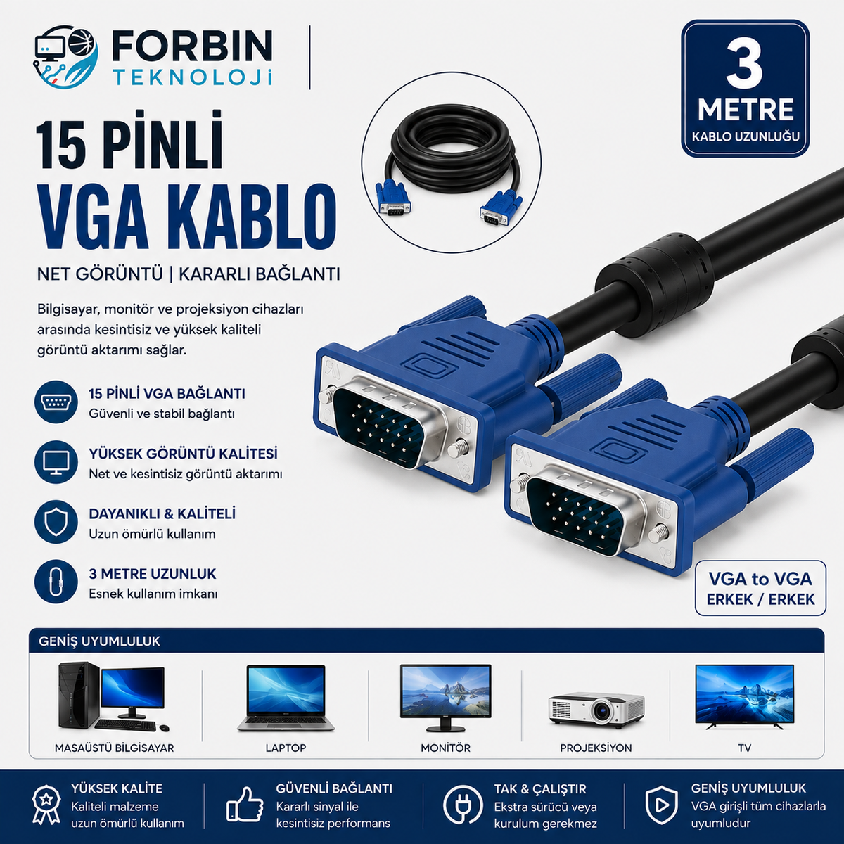 3 Metre Vga Kablosu Çift Filtreli Ekran Lcd Monitör Projeksiyon Bağlantı Kablosu