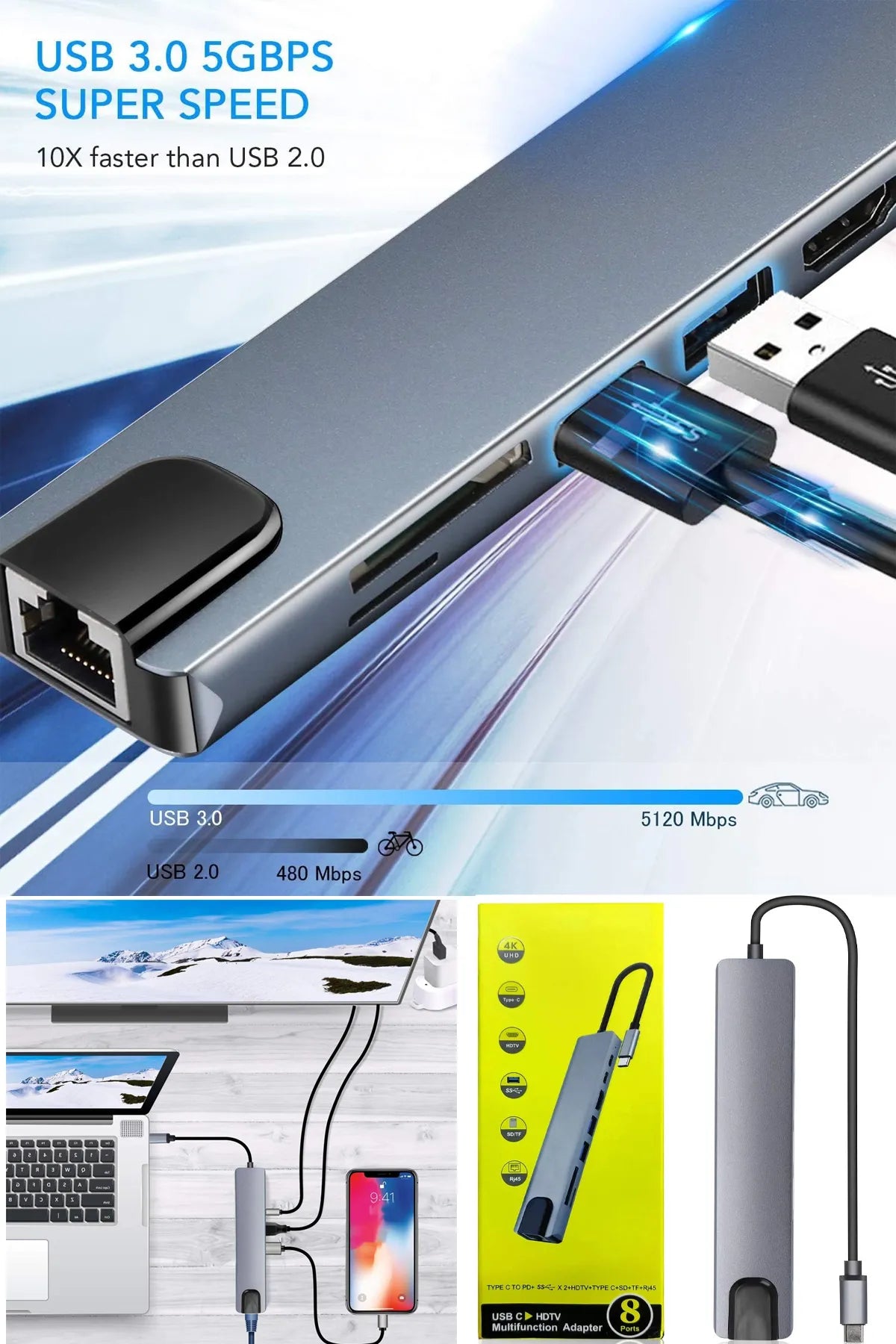 Macbook Pro Air USB Çoklayıcı 8in1 Hub Type-C 4K Hdmı Sd Tf Kart Okuyucu USB 3.0 Okuyucu Adaptör
