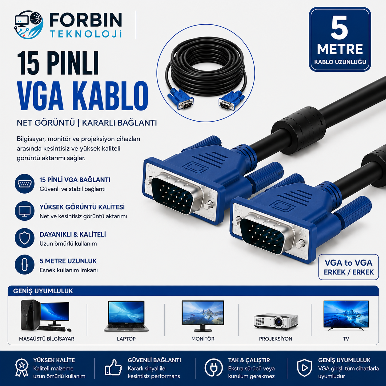 5 Metre Vga Kablosu Çift Filtreli Ekran Lcd Monitör Projeksiyon Bağlantı Kablosu