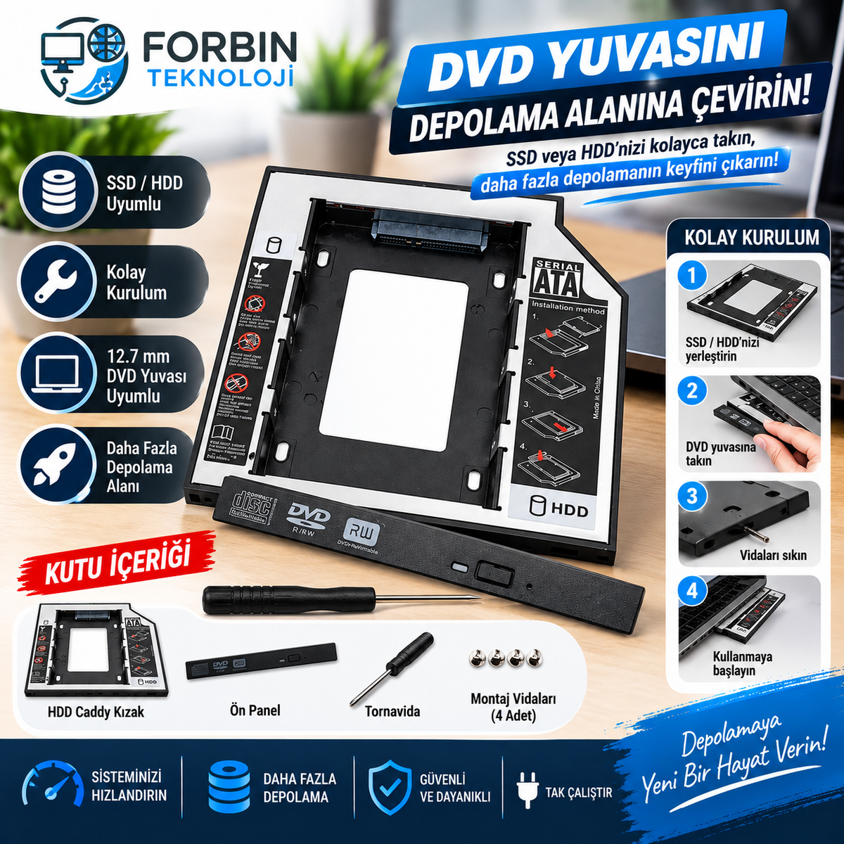 DVD Yuvasına Takılan SSD HDD Kutusu 12.7mm HDD Caddy Kızak
