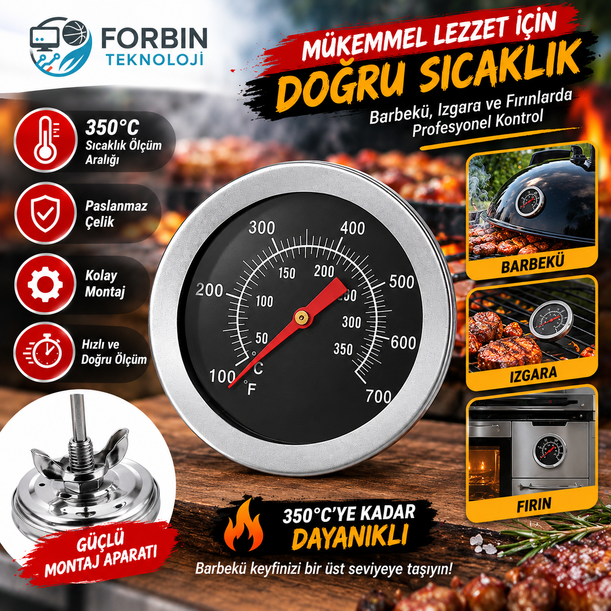 350°C Paslanmaz Çelik Barbekü Izgara Fırın Termometresi Analog Sıcaklık Ölçer