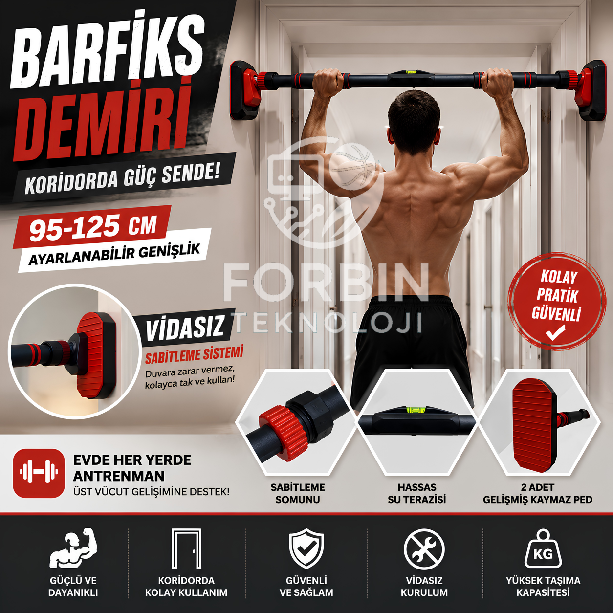 Yeni Nesil 95-125cm Koridor Barfiksi Barfix Aleti Çubuğu Çekme Barı Demiri Bar
