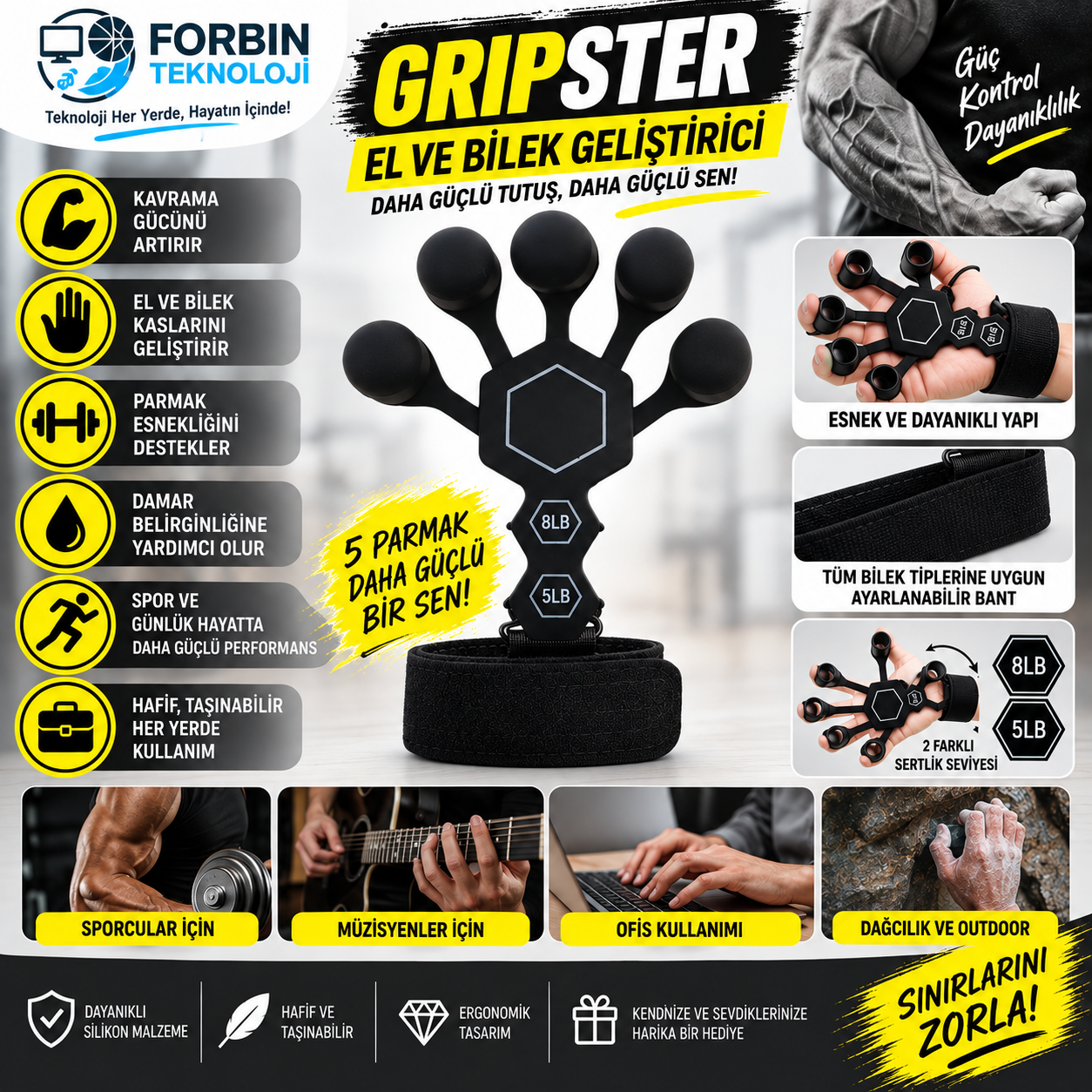 Gripster El ve Bilek Güçlendirici Parmak Egzersiz Aleti – 5 LB / 8 LB Dirençli
