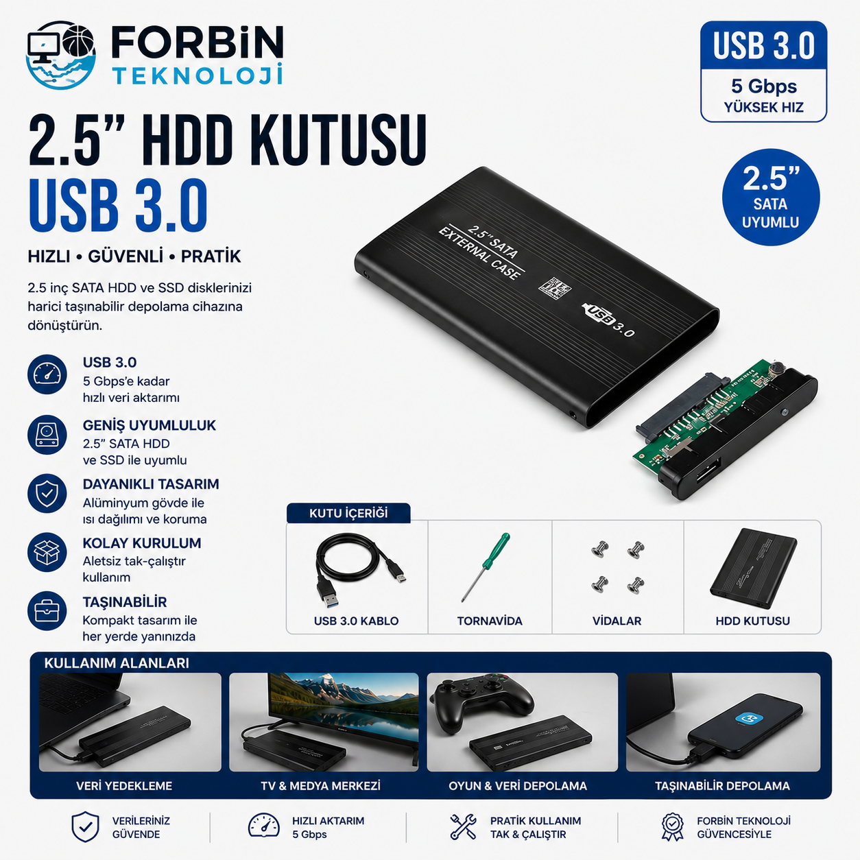 Hard Disk Kutusu 2.5 Sata HDD USB 3.0 Harddisk Kutu - Aluminyum Gövde