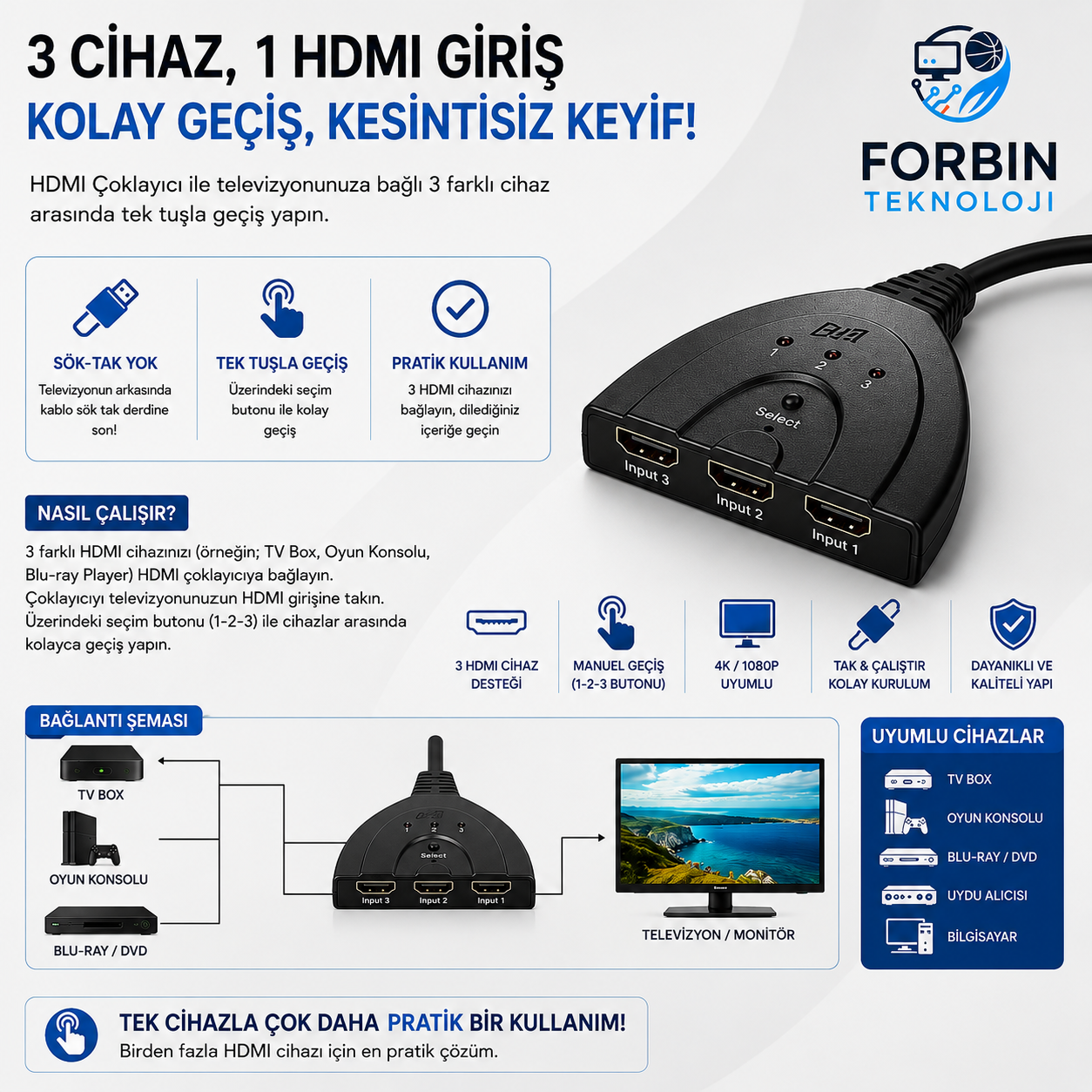 3 Port Kablolu HDMI 4K Destekli Switch Çoklayıcı Çoğaltıcı Splitter 3 Giriş 1 Çıkış