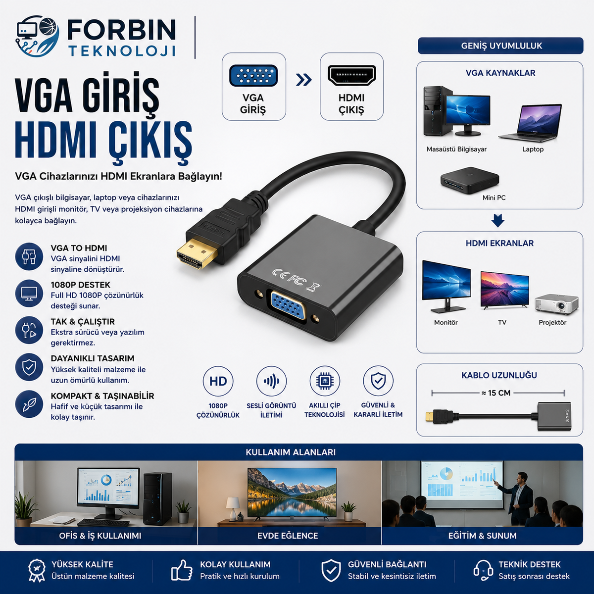 HDMI To VGA Dijital - Analog Monitör HDMI Çevirici Dönüştürücü