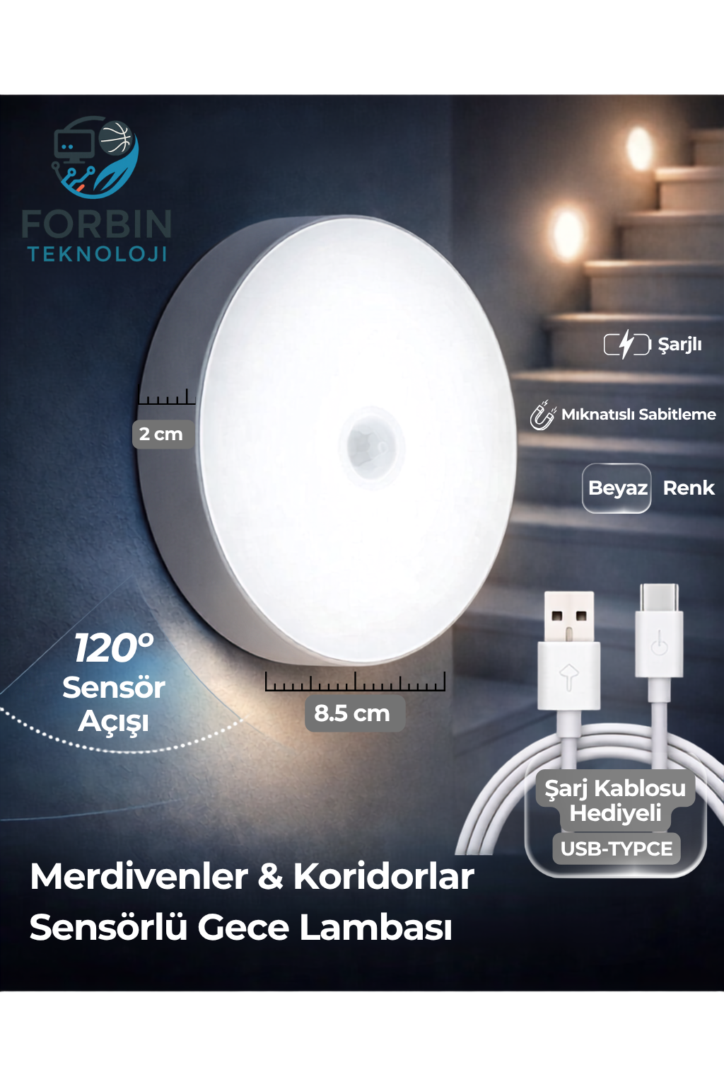 Hareket Sensörlü Gece Lambası Şarjlı LED Gece Işığı 120° Hareket Sensörlü Koridor Merdiven Ev Dolap Aydınlatması