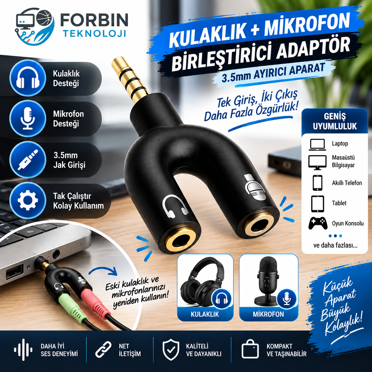 Kulaklık Mikrofon Birleştirici Adaptör 3.5mm Ayırıcı Aparat