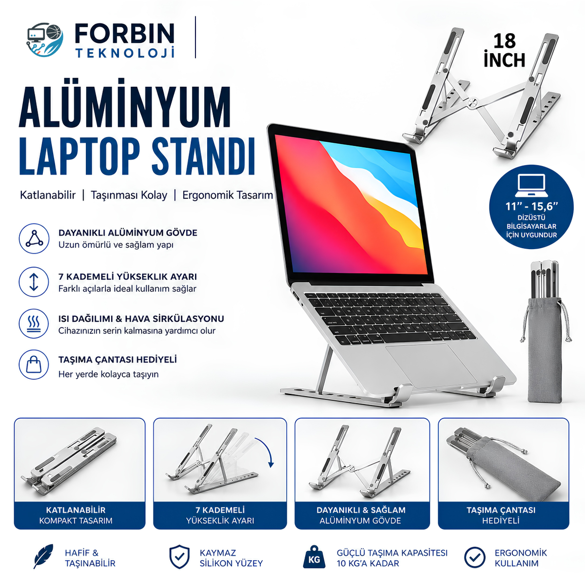 Alüminyum Katlanabilir Laptop Standı – Taşıma Çantalı | 11-15,6 İnç Uyumlu