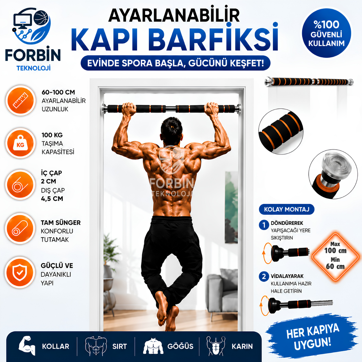Tam Süngerli Barfiks Çubuğu 60-100 Cm Ayarlanabilir