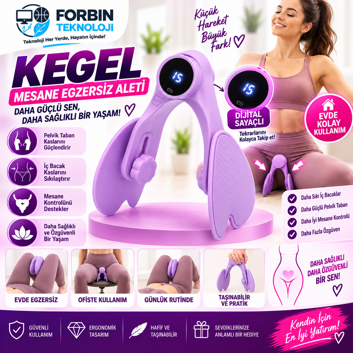 Dijital Sayaçlı Kegel Egzersiz Aleti – Ayarlanabilir İç Bacak ve Pelvik Taban Egzersiz Cihazı, Mor