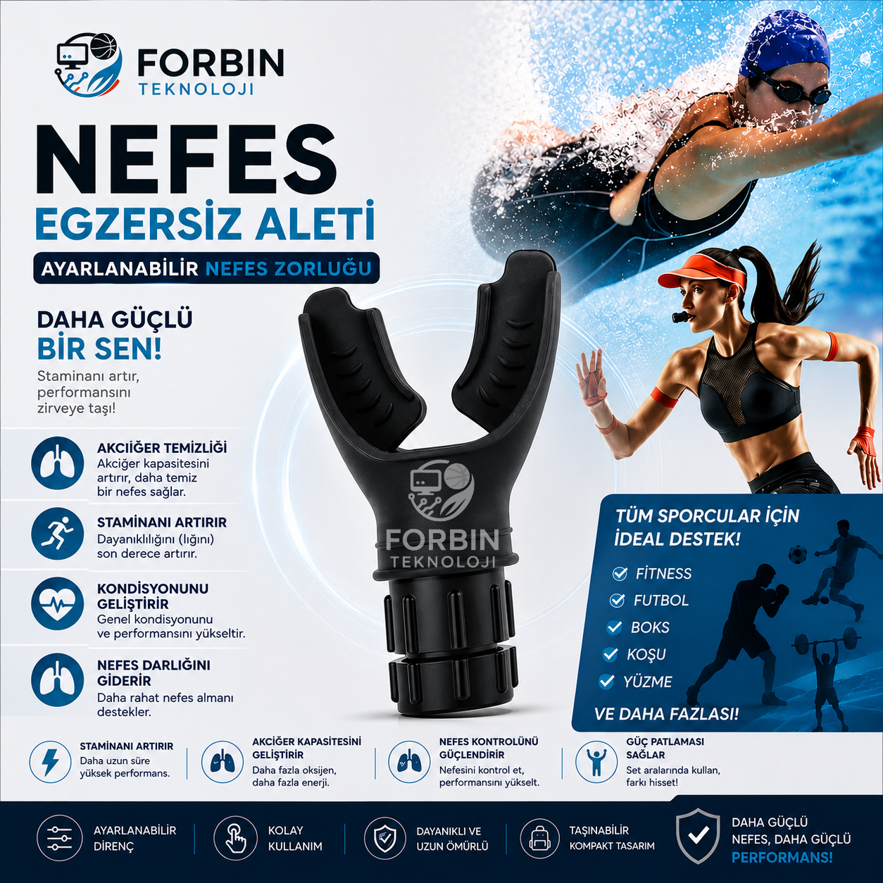 Ayarlanabilir Nefes Egzersiz Aleti | Akciğer Güçlendirme ve Performans Artırıcı Sporcu Solunum Cihazı