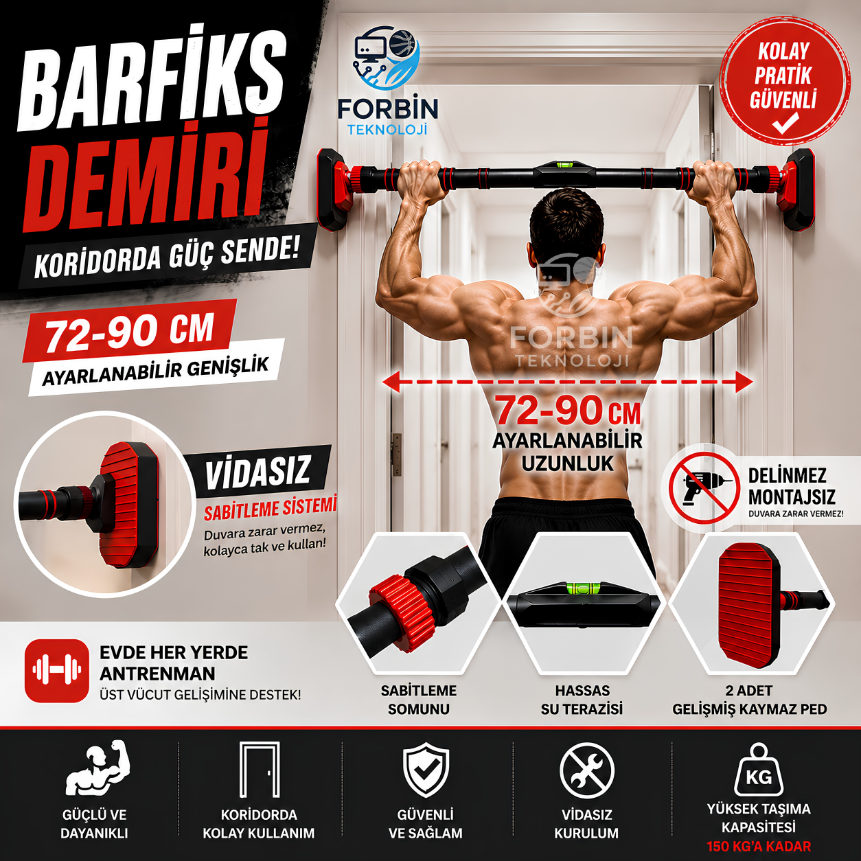Yeni Nesil 72-90 CM Ayarlanabilir Kapı Barı Koridor Barfiksi
