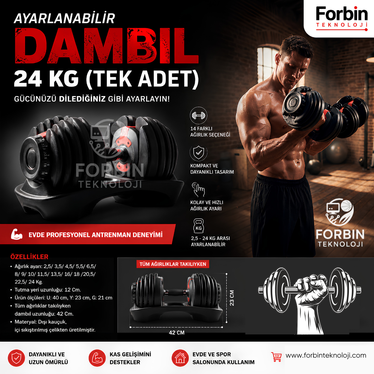 Ayarlanabilir Dambıl 24 kg Çelik Materyal ile Dayanıklı ve Fonksiyonel Ağırlık