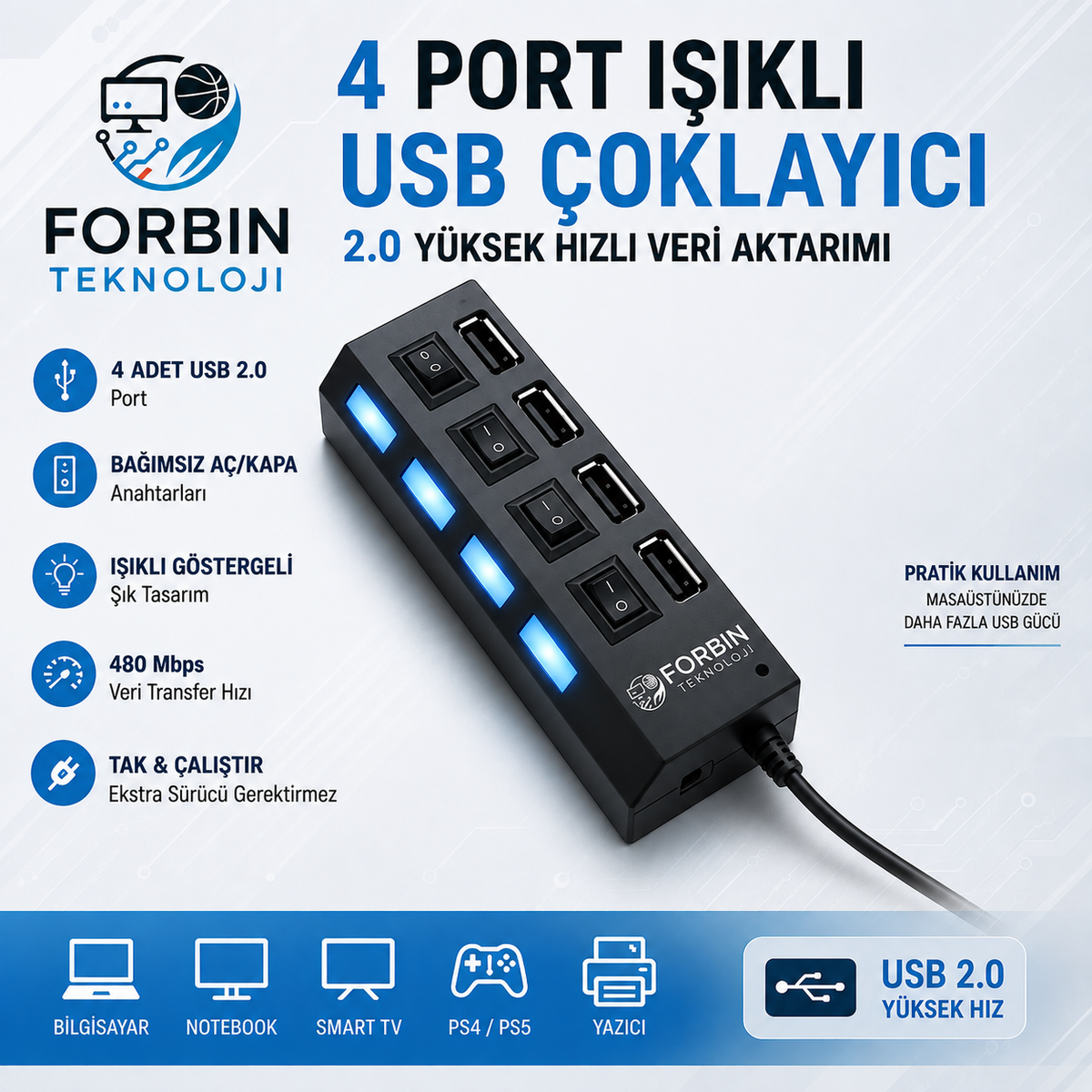 4 Port USB 2.0 Çoklayıcı Çoğaltıcı Hub Anahtarlı Işıklı On Off