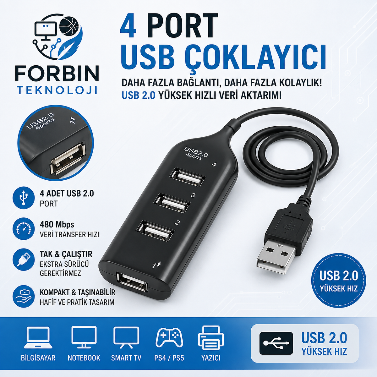 4 Port USB Çoğaltıcı Çoklayıcı Hub USB 2.0 Çoklama Pc Laptop