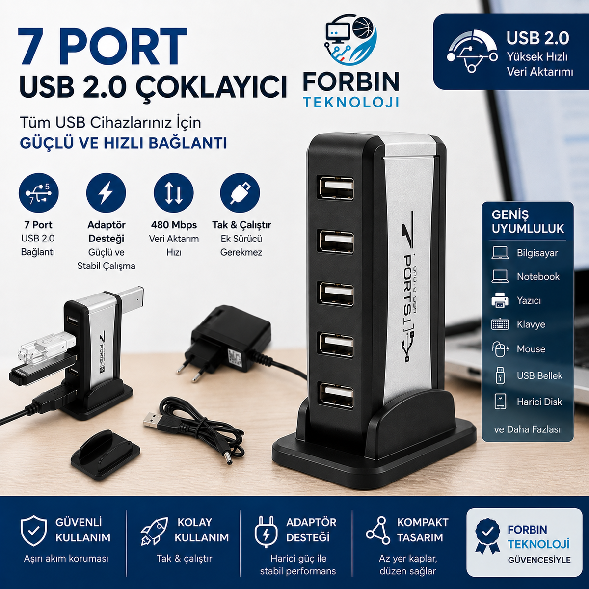 7 Port Standlı USB Çoklayıcı USB Hub Çoğaltıcı - Adaptörlü Pc Notebook