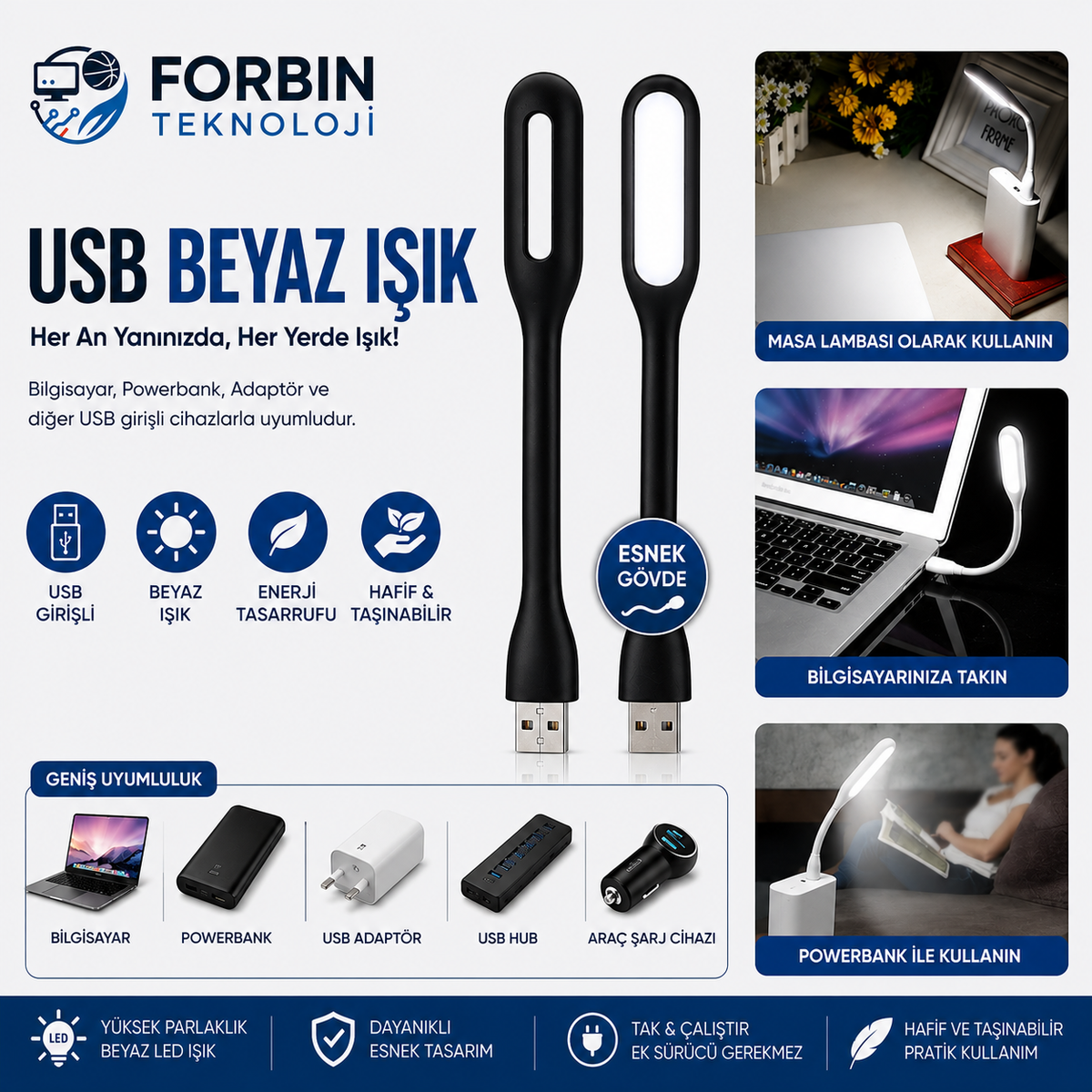 USB LED Işık Lamba Klavye Aydınlatma Kitap Okuma Lambası Siyah