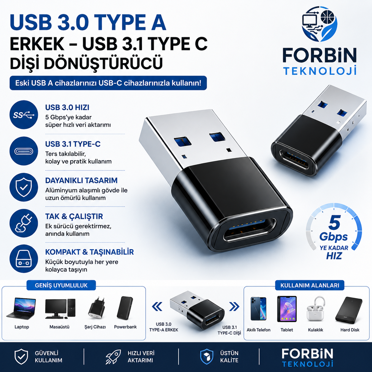 USB 3.0 Type A Erkek - USB 3.1 Type C Dişi Dönüştürücü
