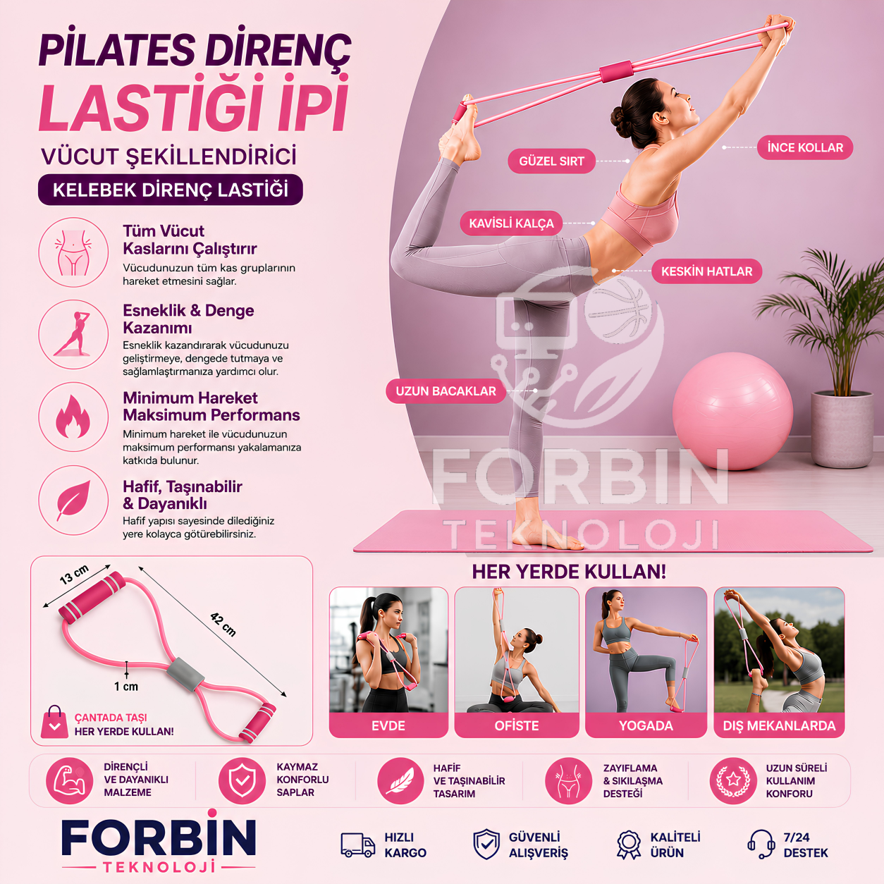 Pembe Pilates Direnç Lastiği Ipi Vücut Şekillendirici Kelebek Direnç Lastiği Güç Lastiği Egzersiz