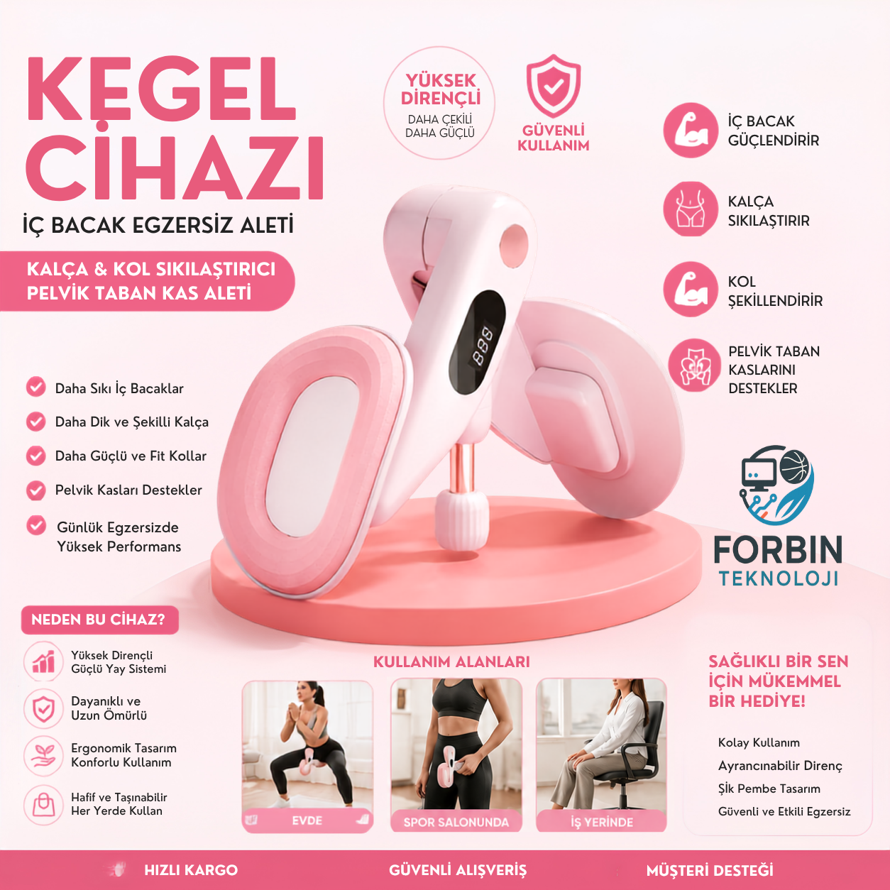 Hubsten Iç Bacak Egzersiz Aleti Kegel Cihazı Pelvik Taban Kas Aleti Kalça ve Kol Sıkılaştırıcı Pembe