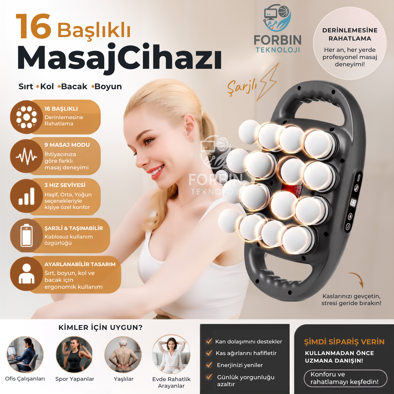 16 Başlıklı Masaj Cihazı Şarjlı Ovmalı Kas Gevşetme Fonksiyonlu