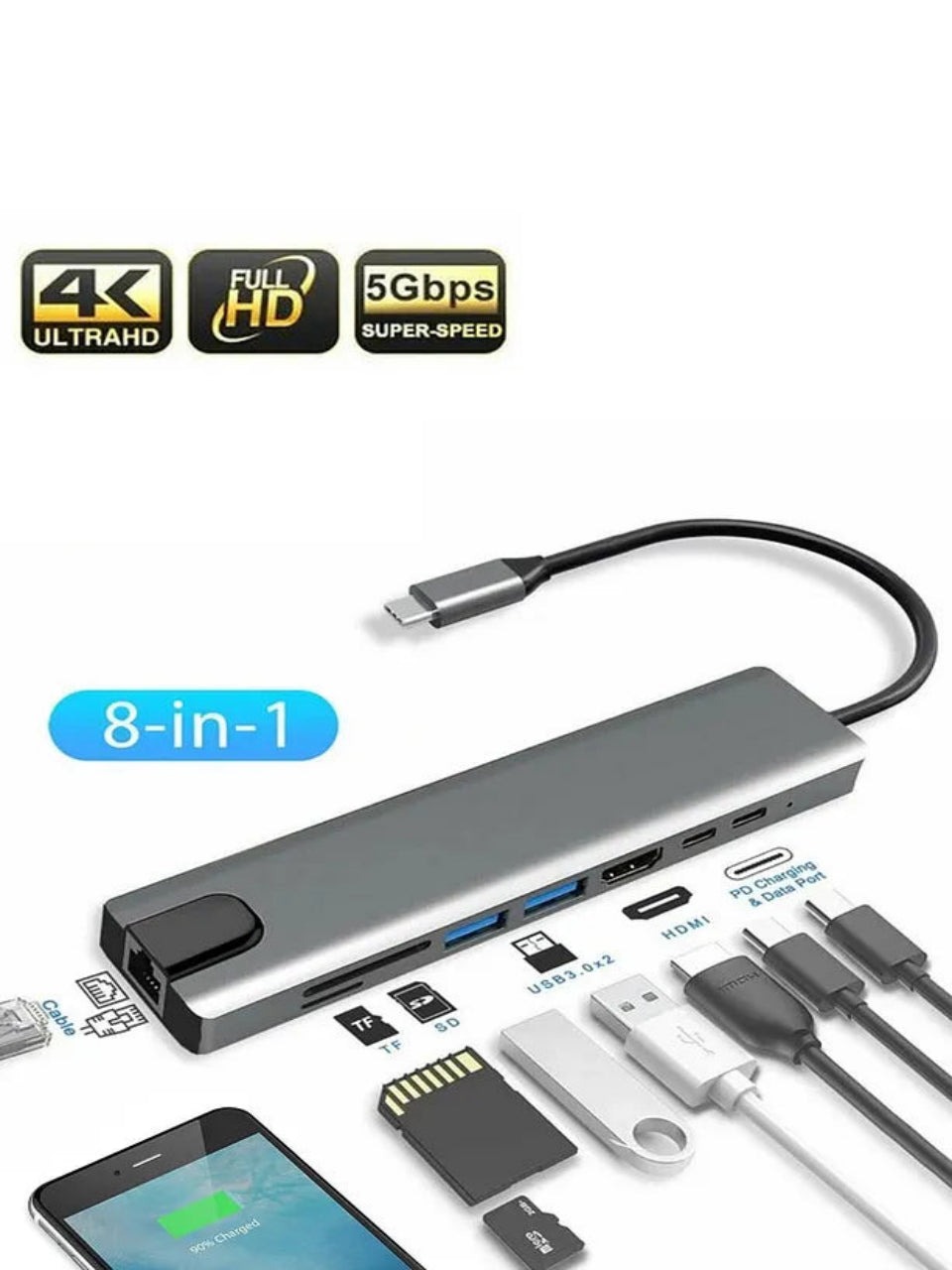 Macbook Pro Air USB Çoklayıcı 8in1 Hub Type-C 4K Hdmı Sd Tf Kart Okuyucu USB 3.0 Okuyucu Adaptör