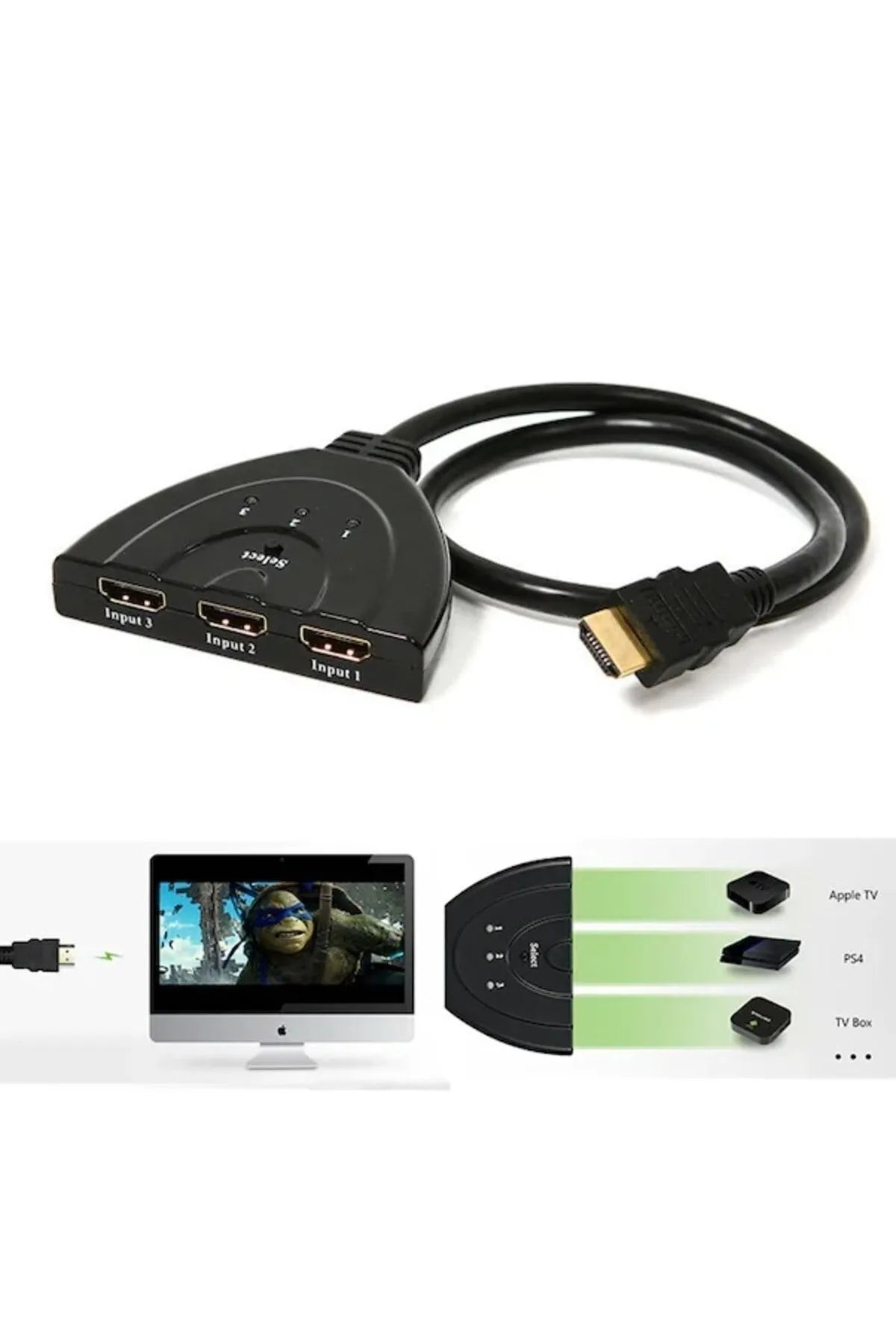 3 Port Kablolu HDMI 4K Destekli Switch Çoklayıcı Çoğaltıcı Splitter 3 Giriş 1 Çıkış